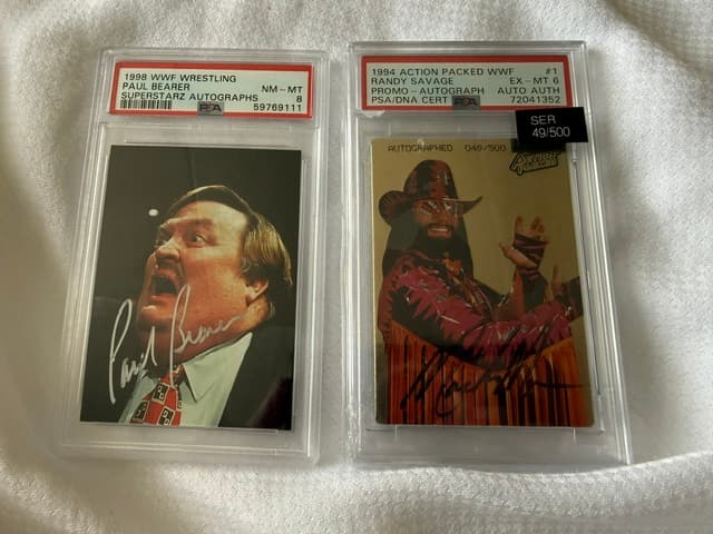 1998 WWF Paul Bearer and 1994 Action Packed Randy Savage autographs, PSA graded