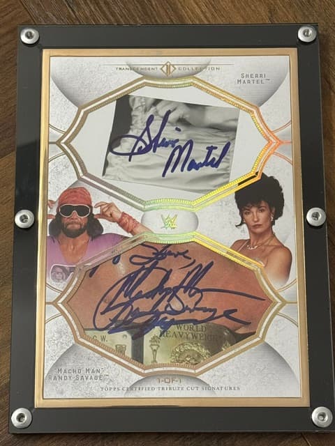 Macho Man Randy Savage and Sherri Martel Topps Transcendent dual cut signature, 1 of 1